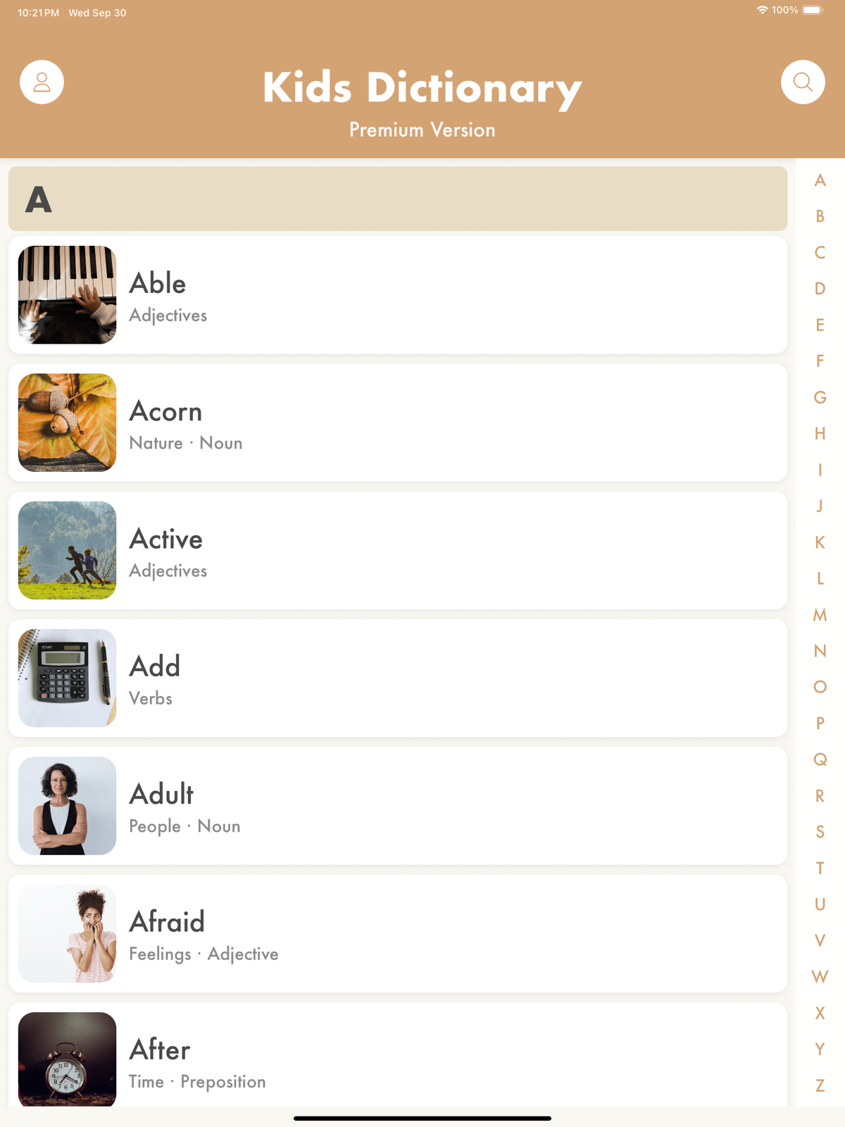 Kids Dictionary browse view showing a word list